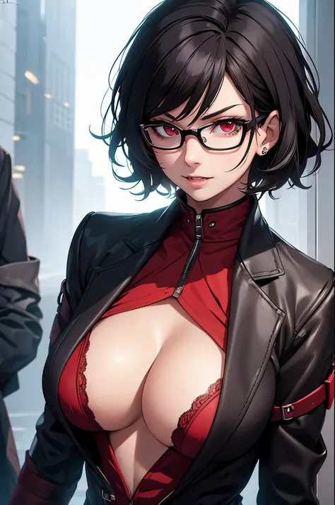 Young Female, Vampire, Black Hair, Short Hair, Red Eyes, Glasses, high-res portrait, Vibrant Colors, soft lighting, Trench Coat, Open Breast Tea, Mischievous, Gauntlets, Confident Expression, Vampire Fangs, 3D, Realistic, HDR, Very Detailed, HD, Background...