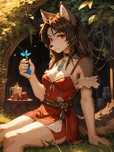 masterpiece,best quality, 1 girl, alone, faint smile, faint smile, cherry, Dappled sunlight, Butterfly, grass animal ears,wolf ears,long hair, Tail, wolf Tail, Red eyes, wolf girl,brown hair,,  