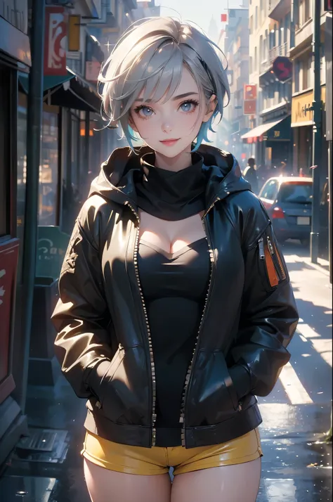 (Highly detailed CG unit 8k wallpaper, masterpiece, High resolution, highest quality, natural skin texture), Composition from head to stomach:1.5, (20 year old woman, Hands in pockets pose:1.5, smile, detailed eyes, gradient eyes), (Stalgic Fashion, Yellow...