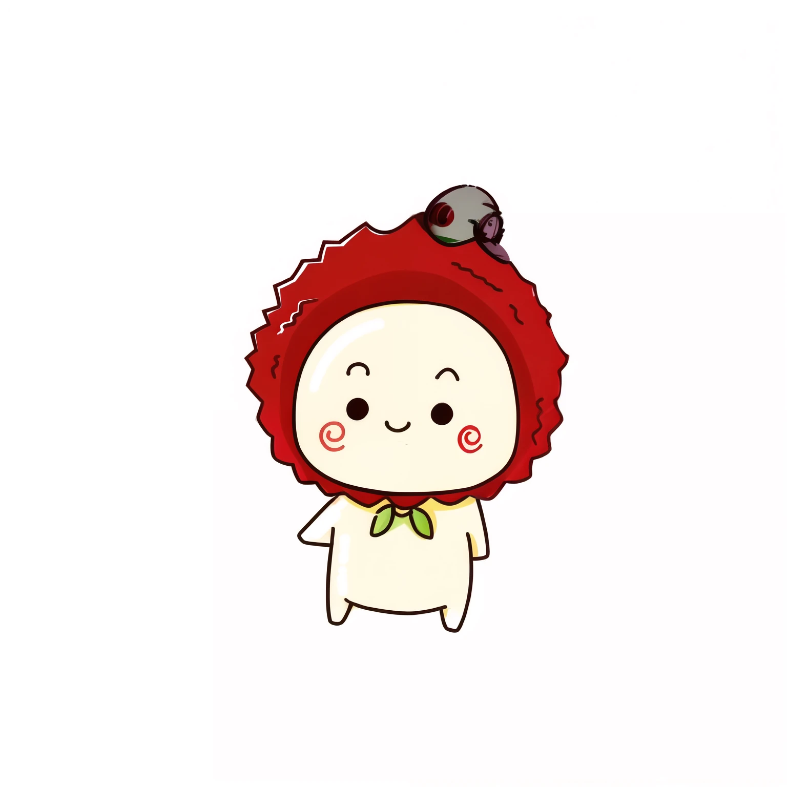 there is a cartoon character with a red hat and a green bow, cute character, kewpie mayonnaise, character with a hat, its wearing a cute little hat, cute forest creature, red cheeks, red afro, he has a red hat, red - cheeks!!, inspired by Takehisa Yumeji, ...