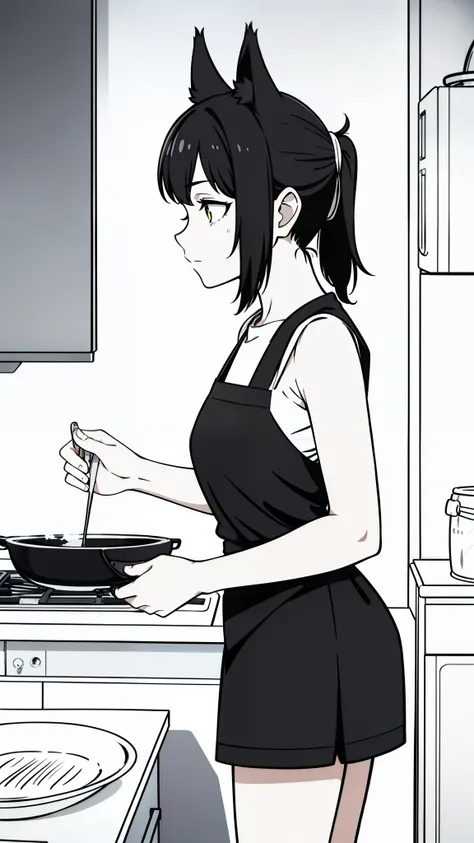 (1girl,16 years old),solo,serious,black hair,ponytail hair,short hair,fox ears,black shirt,sleeveless,black shorts,(,line drawing),cooking,apron, kitchen