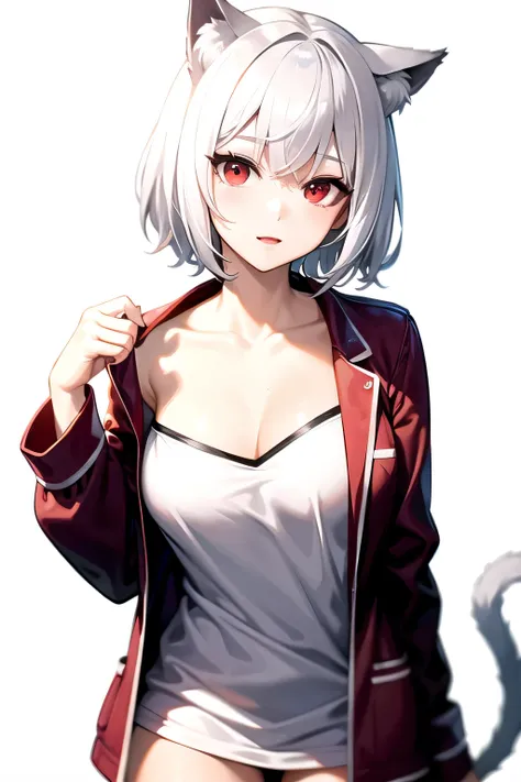 White hair, short hair, cat ears, sexy pajamas, red eyes, white background