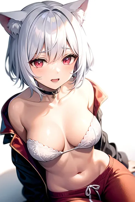 White hair, short hair, cat ears, sexy pajamas, red eyes, white background