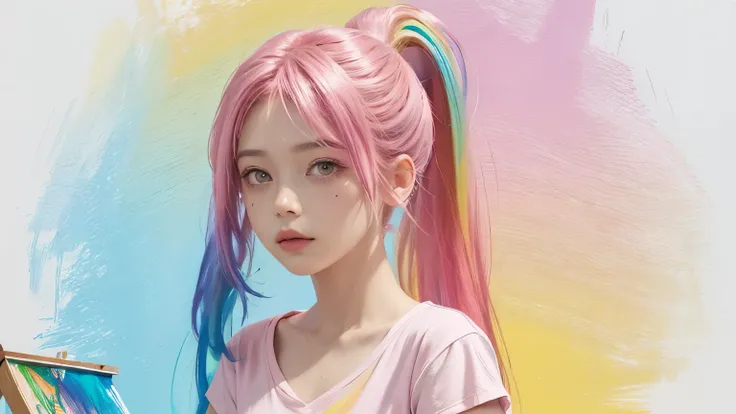 (Pink fashion T-shirt: 1.9), (Colorful hair: 1.8 with all the colors of the rainbow: 1.8), ((Vertical painting: 1.6), (Painting: 1.6), (Front), (Comics), (Figures), (Paintings), Big eyes, Clear eyes, (Rainbow color gradation high ponytail: 1.7), Exquisite ...