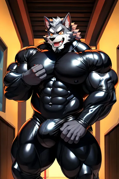 ((best quality)), ((masterpiece)), (detailed) muscular male, werewolf, grey fur, huge muscles, huge crotch, by doooo2424, black fullbody skintight rubber catsuit, black clothing, beard, facial hair, peaking out bulge