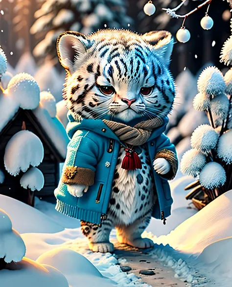 best image quality、"cute生き物の傑作を作成しましょう. One、Snow leopard character、（The place is a forest）, high detail, In 8K、best image quality、Disguised as an adventurer、With shuriken in hand、medieval adventurer costume、(((cute)))、