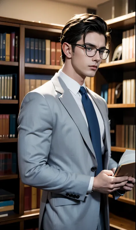 A man wear suit, muscle, well-built body, blue color eyes, sharp eyebrows, side part hairstyle, short hair, dutch angle, standing, holding a book, spectacles, indoor, library, looking at viewer, realistic, 32k uhd, masterpiece, ultra high, 