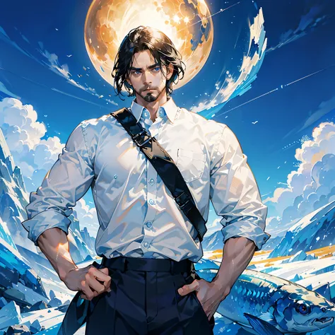 masterpiece，highest quality，Perfect and refined，iceberg，Arctic，glacier，man，man特写，light blue short hair，light blue eyes，white shirt，muscle，shorts，Holding a big fish in hand，Carrying fish，Handsome pose，Fit your body，Robust，浑身muscle，Handsome middle-aged man，H...