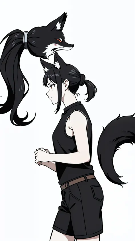 (1girl,16 years old),solo,serious,black hair,ponytail hair,long hair,fox ears,black shirt,sleeveless,black shorts,(white background,line drawing),fox tail,profile