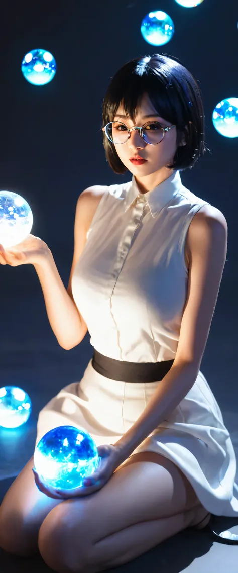 ((1girl)), anime, short dark hair, dark skin, shiny glasses lenses, mouth closed and expressionless, sitting, with her hands holding a glowing orb while two other glowing spheres orbit around her.