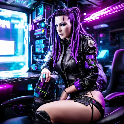 striking cyberpunk Style photo, sexy female 40yo woman Neuromancer, plugs in her head many black and purple wires coming from her head like dreadlocks, sitting at barroom, breathtaking, masterpiece, cyborg, more detail XL,Energy light particle mecha