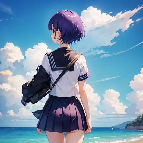 The back of a 17-year-old girl with purple short hair wearing a sailor suit