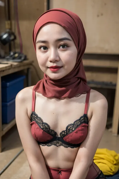 Wearing Lace Suspender, (((HIJAB MALAY GIRL))), masutepiece, High quality, UHD 32K, Realistic face, Realistic skin feeling , A Japanese Lady, 8 years old, , Very cute and baby-like face, (((FLAT CHEST))), (MATRIX WORLD), ((look In front  at the camera and ...