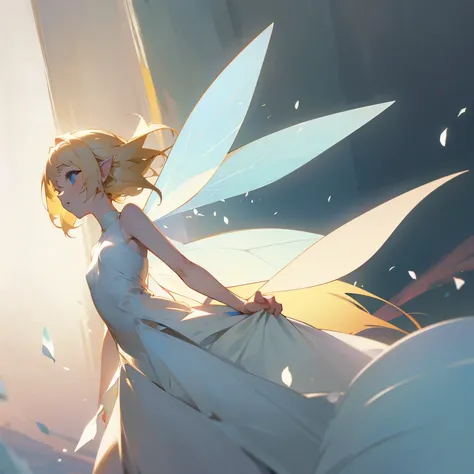 Blonde fairy girl with white dress and pale skin