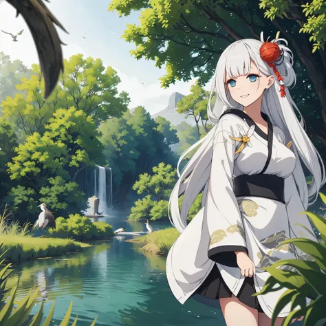 A woman wearing a personalized white kimono, black skirt, long white hair, blue eyes, smiling, on the edge of a lake with several herons, trees around, with the sun illuminating the place, leaves falling,ultra resolution, very detailed, HDR, masterpiece, 8...