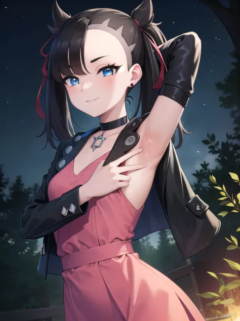 pokemonmarnie, pokemonmarnie, aqua eyes, asymmetrical bangs, asymmetrical hair, black hair, hair ribbon, long hair, red ribbon, ribbon, twintails, (small breasts:1.2),
black choker, black jacket, choker, dress, earrings, jacket, jewelry, long sleeves, open...