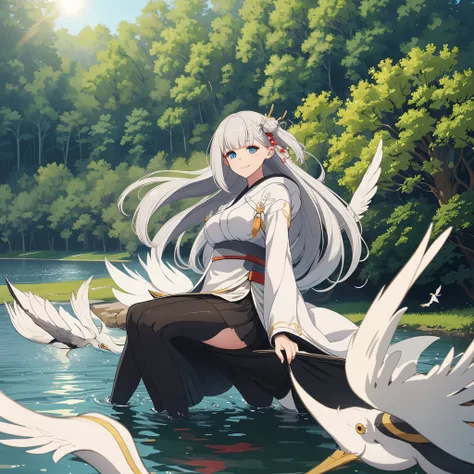 A woman wearing a personalized white kimono, black skirt, long white hair, blue eyes, smiling, on the edge of a lake with several herons, trees around, with the sun illuminating the place, leaves falling,ultra resolution, very detailed, HDR, masterpiece, 8...