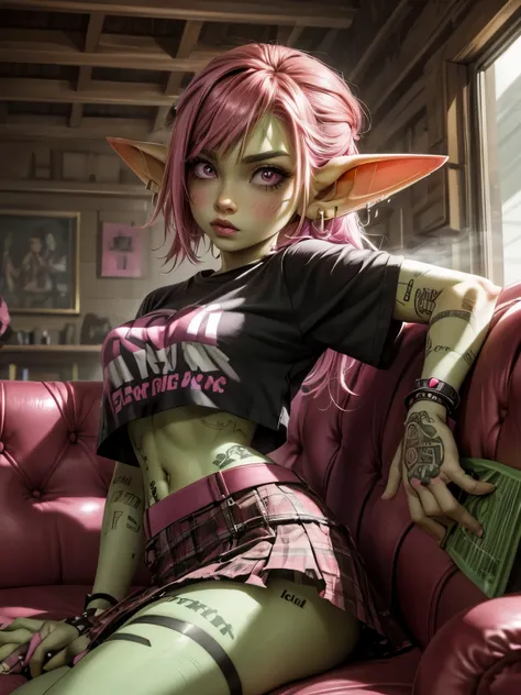 absurd resolution, ((best quality)), ((masterpiece)), (very detailed), 4k, goblin girl, hardcore punk rocker, pink hair, cropped...