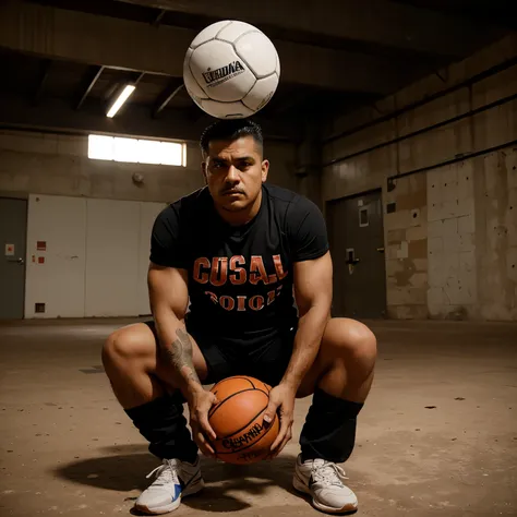 Create an image of the character José Clemente Orozco with a basketball and a soccer ball in the background and below the image represents the word huescalapa