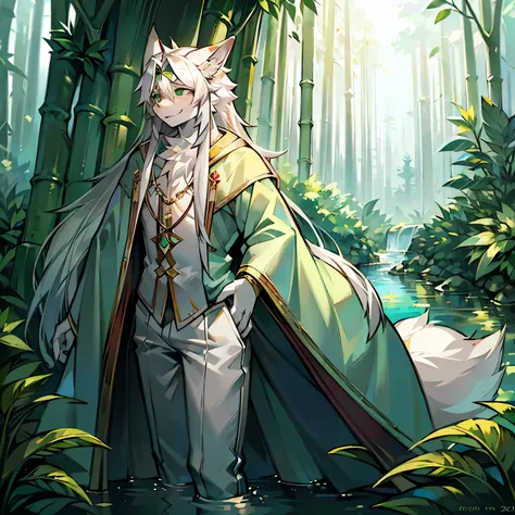 A male long-haired white fox wearing a white and green gradient robe and white pants standing by a stream in a bamboo forest