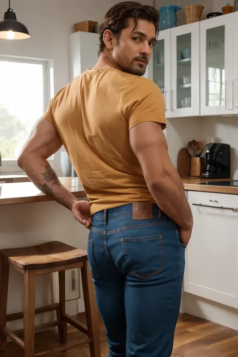 hombre de pie en la cocina, the man is 41 years old, MUSCULOSO Y ALTO. Nalgon. he wears a shirt and jeans. foto de cuerpo completo, foto casual, belleza natural, belleza natural. Backside bent over, empinado masculino 