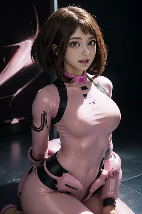 Masseter muscle part, highest quality, 超A high resolution, anime style, best lighting, beautiful face, ((masterpiece、highest quality;1.3))、super detailed、detailed background、1 girl、solo、laughter、body suit、ochako uraraka、looking at the viewer、big and full b...