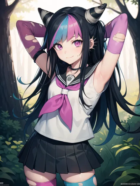 ibukimioda, ibuki mioda, black hair, blue hair, hair horns, ear piercing, lip piercing, long hair, multicolored hair, (pink eyes:1.5), pink hair, white hair,
BREAK asymmetrical legwear, black skirt, blue thighhighs, jewelry, mismatched legwear, neckerchief...