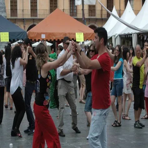 people dancing in a square with tents and tents in the background, people dancing, salsa social dance, salsa dancing, people dancing in background, dancing people, festival, couple dancing, salsa tricks, dancers, elaborate composition, dancing a jig, tomas...