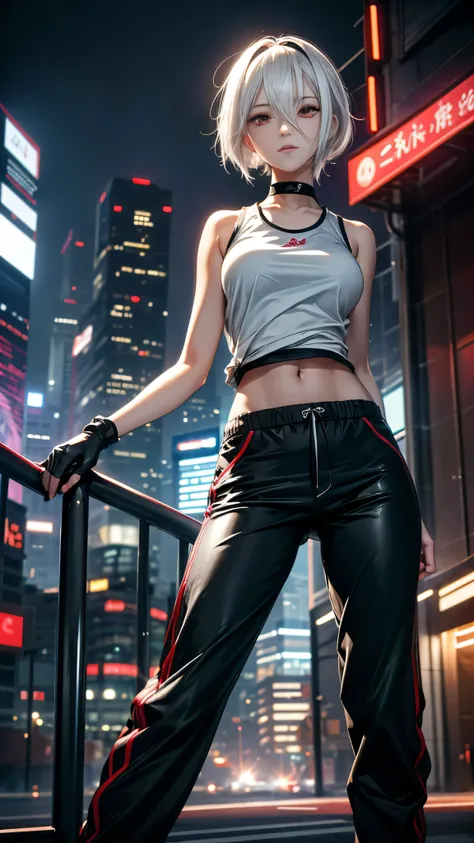 Short messy ガールズ band member white hair, red eyes, close-up photo, photorealistic, wearing tank top and Jogger pants, solid colors, futuristic city, dynamic camera angle, full body beautiful anime style, clean detailed faces, intricate clothes, analogous c...