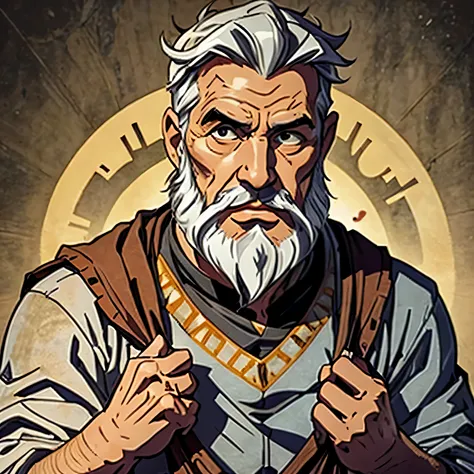 best quality image, man, biblical style mayor, 60 years old, gray hair, with thick beard, round face, small forehead, expressive look, wearing biblical style animal skin clothing, with nothing in his hands, Hebrew