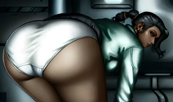 ((masterpiece, best quality)), ((30 year old)), ((Curvy)), ((Indian woman with long black ponytail)), ((Asha Odekar from Saints Row)), in green sweater, ((white cotton panties)), (((bending over))), ((Large butt)), (on a spaceship), (((realistic art style)...