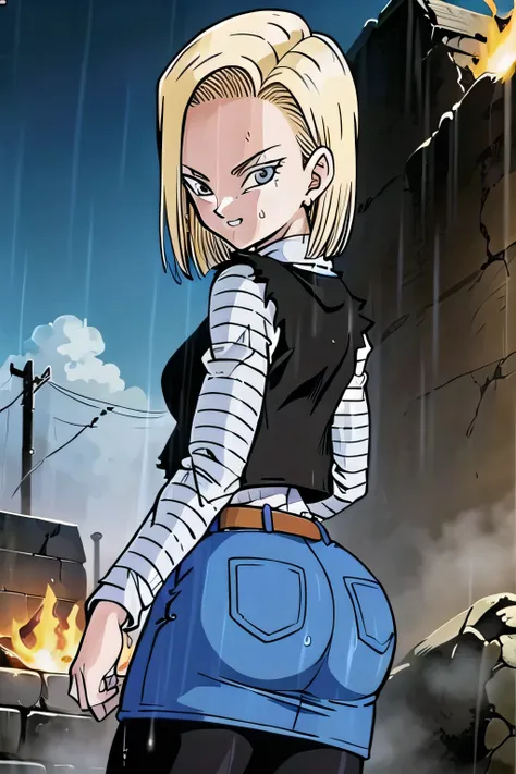 masterpiece, detailed face, retro artstyle, 1990s (style),
android 18, classic look, 1girl, solo, looking at viewer, short hair, blue eyes, blonde hair, collarbone,
cowboy shot, (laughing), evil, touching hair,
fire, smoke, ruined city, wet hair, rain, ...