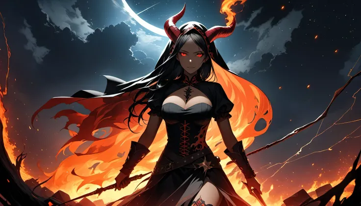 (dark skin), (demon horns), (well-defined eyes, high resolution, ultra detailed) large breasts, Immortal temptation takes over my mind Condemned Fallen weak on my knees, summon the strength Of mayhem I am the storm that is approaching Provoking black cloud...