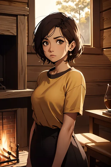 portrait of QuarryKaitlyn, looking at the audience, yellow top, frown, golden hour, wooden cabin interior, fireplace background