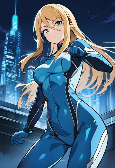 1girl,Samus aran,solo,green eyes,blonde hair,zero suit,light blue body suit,dark blue stripes,cowboy shot,night city,Science fiction,line art style,ultra-detailed,sharp focus,aesthetic,(best quality)