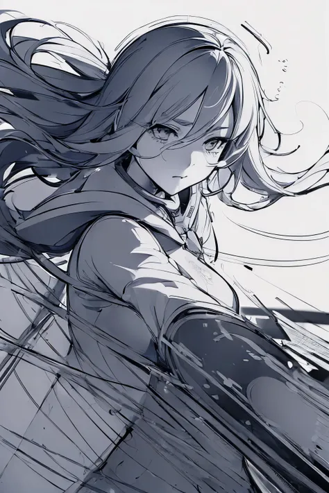 (line drawing:1.7), highest quality, super fine, monochrome, portrait, anime girl, pensive expression, fantasy image, Fantastic and mysterious, Wind, Wind-effect, motion blur, action line, speed line