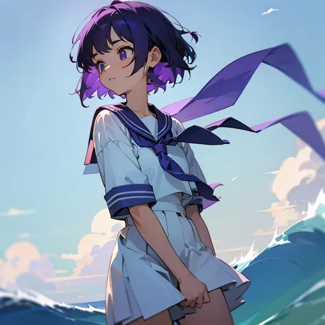 Purple short hair girl 17 years old sailor suit looking to the right