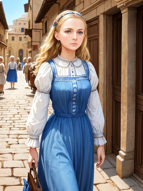 best quality, masterpiece, Realistic photos, intricate details, original photo, Super detailed, old fashioned young woman, Pair with a peasant style dress, no collar, blonde hair, perfect details and blue eyes, Walking in an ancient city, HD quality, 8K, y...