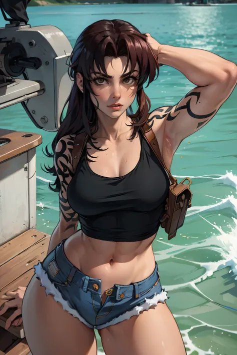 digital art, Revy, masterpiece, best quality, sexy pose, at small modern speedboat, denim shorts, black tank top, wet skin