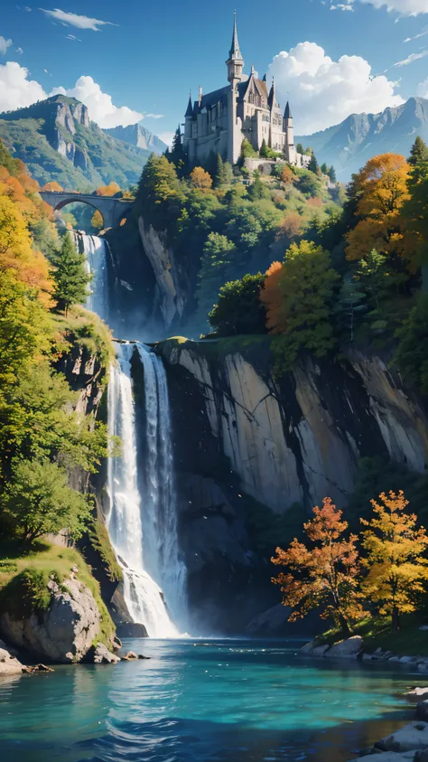 masterpiece, best quality, high quality, extremely detailed CG unit 8k wallpaper, landscape, outdoor, sky, cloud, day, great medieval castle, no humans, mountain, landscape, water, tree, blue sky, waterfall, cliff, nature, lake, river, village, autumn, clo...