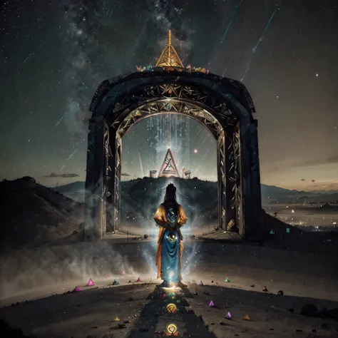 Cristo salvador entre un mundo apocaliptico saliendo victorioso en un desierto tipo cyber punk art abstracto tipo efecto de dmt sagrado representacion de lmal contra el bien en la vida y el mundo em el que vivimos como naturaleza piramides y simbologia sag...