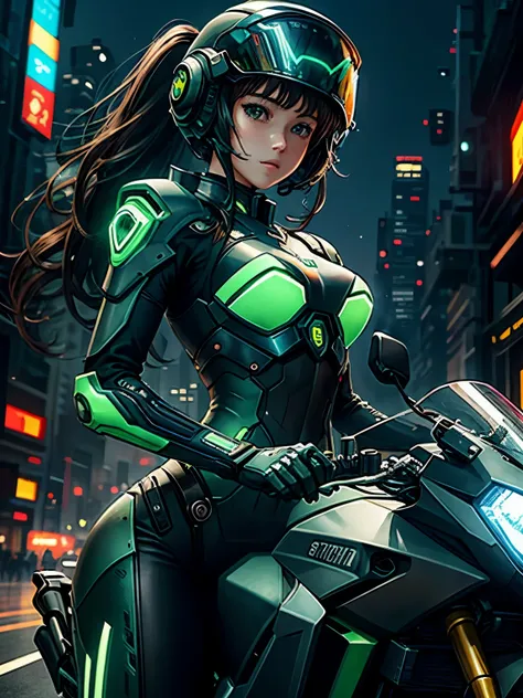 Highest image quality, Excellent details, ultra high resolution, (realism: 1.4), best illustrations, Offer details, Highly concentrated 1girl, Has a delicate and beautiful face, Wearing black and green mecha, Wearing a mecha helmet, holding direction contr...