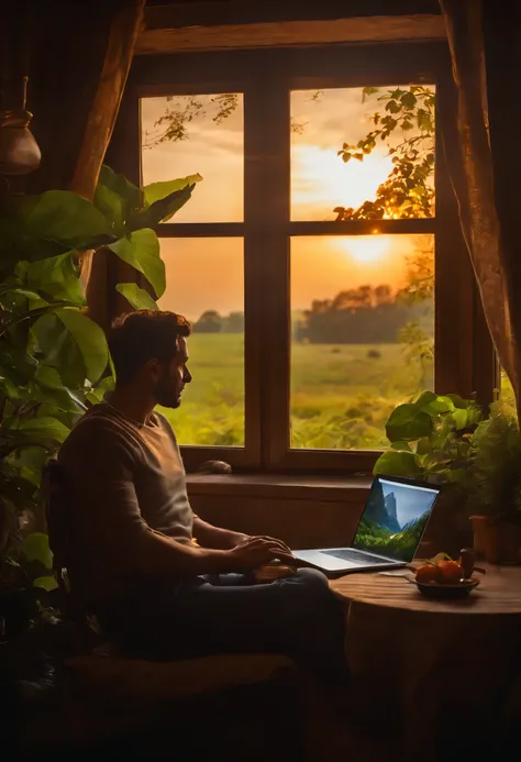 a person sitting comfortably in a warm and peaceful environment in their own home, with a laptop open in front of them. The laptop screen displays a serene and inspiring nature scene, symbolizing the inner journey and connection with nature