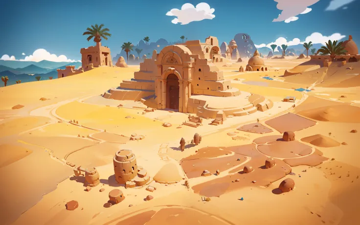 there are desert scene egyptian architectural ruins, background art, painted into game concept art, stylized concept art, backgr...