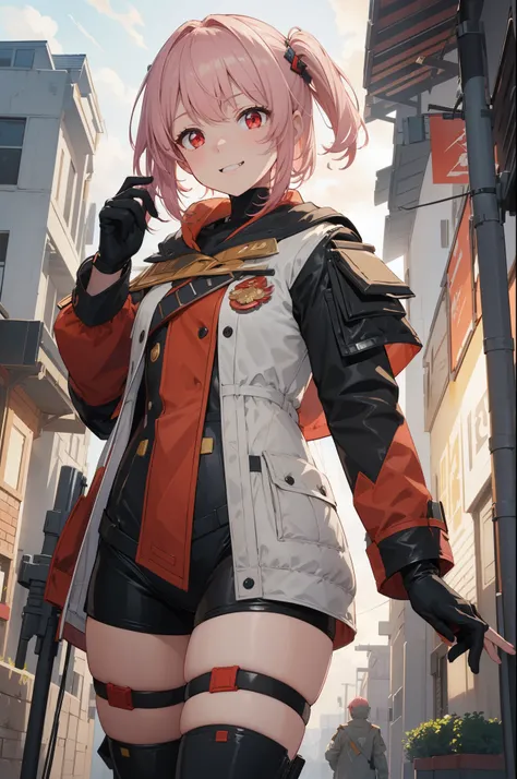 (best quality:1.3), (masterpiece:1.3), (illustration:1.3), (ultra-detailed:1.3), ((Best quality)), 1girl, pink hair, small breasts, looking at viewer, solo, holster, thigh strap, red coat, smile, military, hair ornament, futiyaCB, black jacket, bodysuit, g...