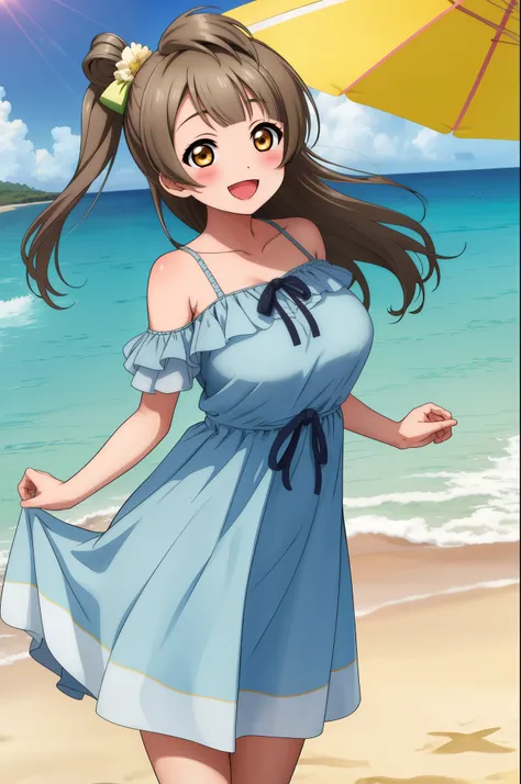 standing,(loose summer dress), cowboy shot, (big breasts:0.8),minami kotori ,solo, smile,:d, blushing, beach