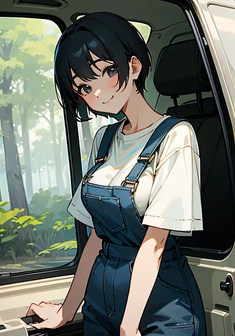 {best quality},cloudy、forest、camping-car、black hair short cut、josidaisei 、Large beautiful breasts、oversized t-shirt、overalls、radiant smile、High angle 、cowboy shot