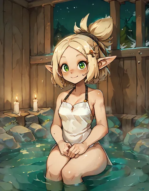 (score_9, score_8_up), score_7_up, score_6_up, 1girl, evangelyne s1, short hair, ponytail, blonde hair, hair ornament, pointy ears, light freckles, green eyes, sauna, onsen, thermal sources, indoors, wooden wall, water, steam, ((submerged, inside water)), ...