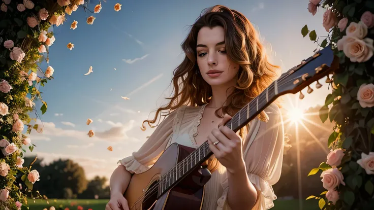 bust portrait of anne hathaway playing guitar in the middle of a blooming rose garden, rose petals flying across the sky, woman ...