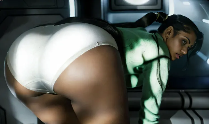 ((masterpiece, best quality)), ((30 year old)), ((Curvy)), ((Indian woman with long black ponytail)), in green sweater, ((white cotton panties)), (((bending over))), ((Large butt)), (on a spaceship), (((photo realistic))), ((90s film, 90s movie scene, 90s ...